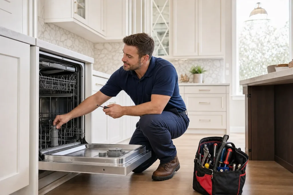 Technician repairing dishwasher