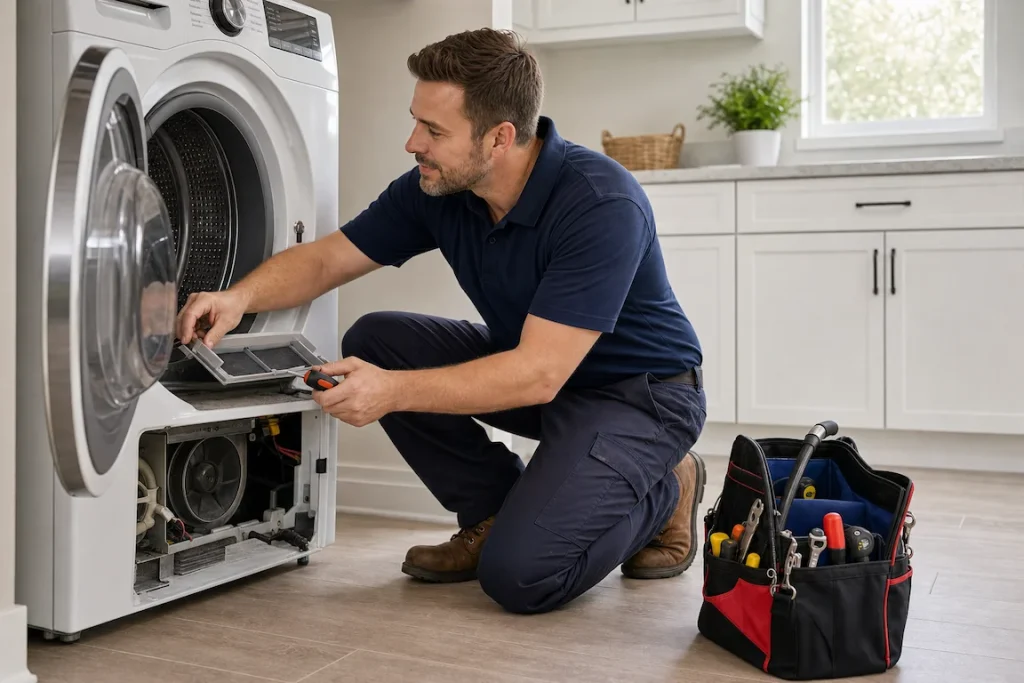 Technician repairing dryer
