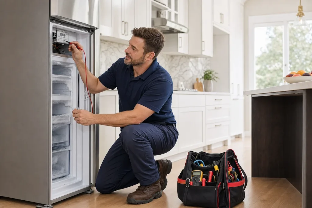 Technician repairing freezer