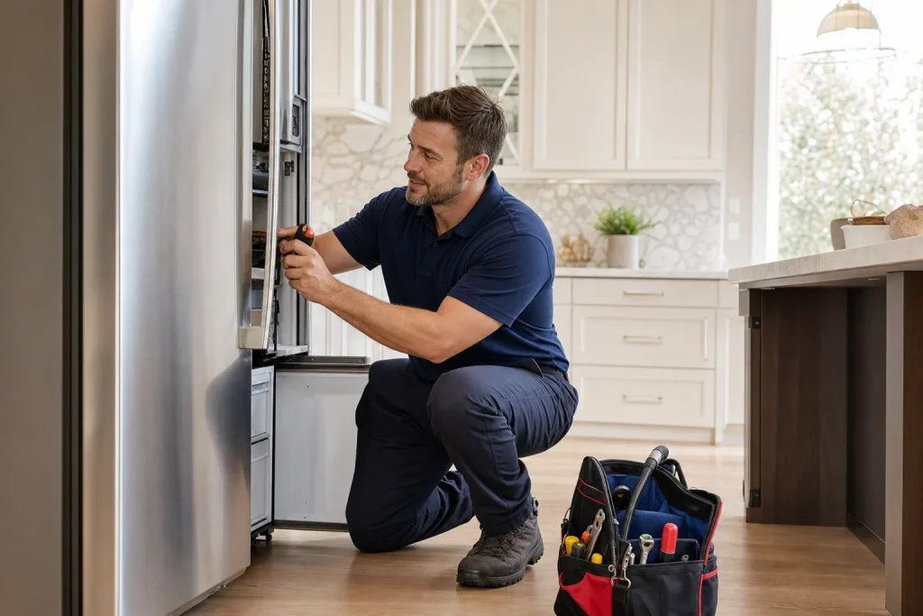 Technician repairing refrigerator