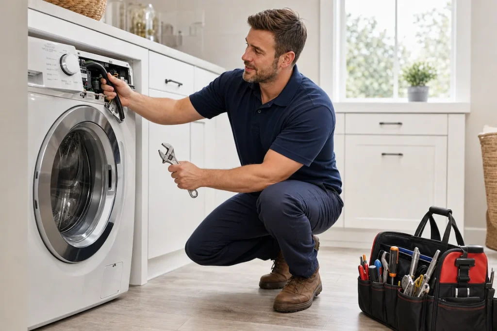 Technician repairing washer